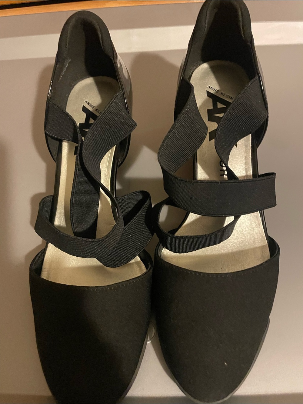 Anne Klein Black Strappy Pointed Toe Flats with Elastic Cross Straps